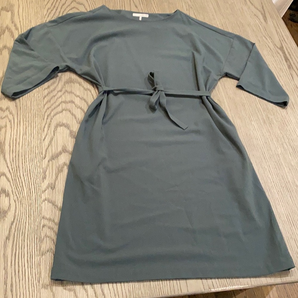 OAK + FORT Midi Dress in Slate Green with Waist Tie
